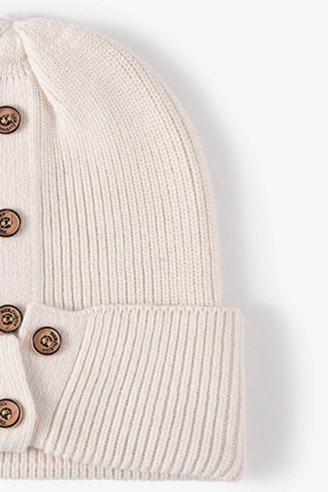 Button Detail Rib-Knit Cuff Beanie - Byyde