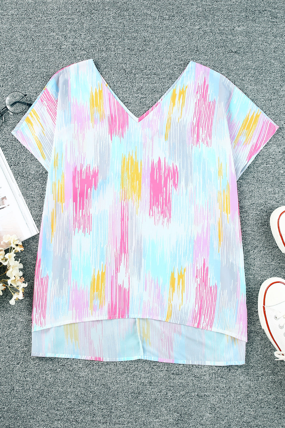 High-Low V-Neck Short Sleeve Blouse - Byyde