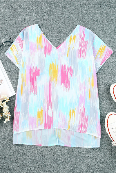 High-Low V-Neck Short Sleeve Blouse - Byyde