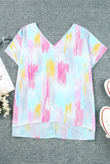 High-Low V-Neck Short Sleeve Blouse - Byyde