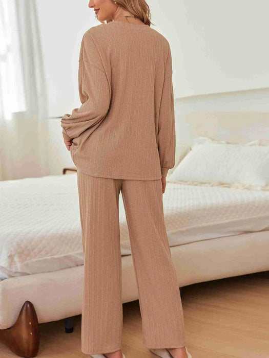 Ribbed Knit Top and Pants Lounge Set with Button Detail - Byyde