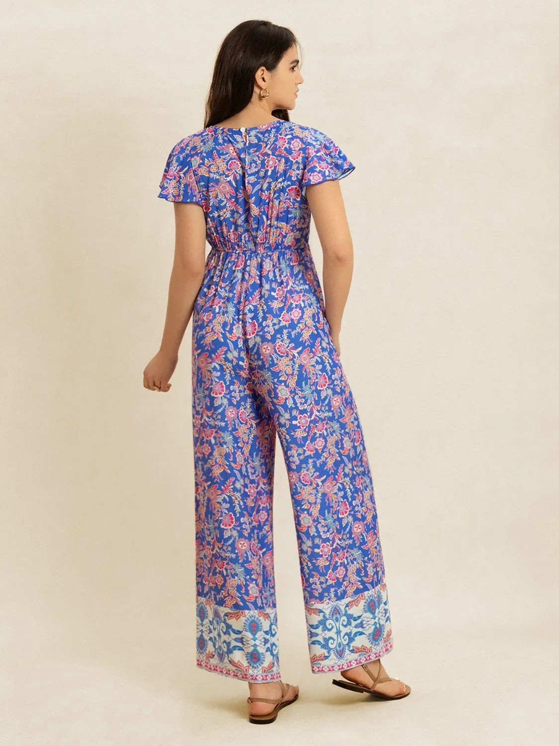 Printed V-Neck Wide Leg Jumpsuit - Byyde