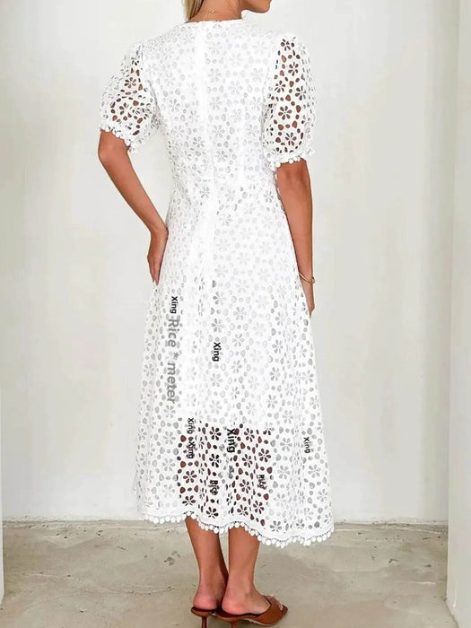 Eyelet Lace V-Neck Midi Dress with Puff Sleeves - Byyde