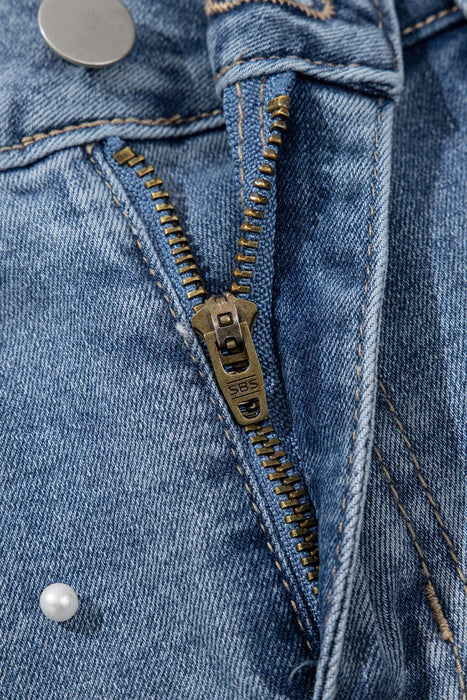 Pearl Beaded Raw Hem Wash Denim Shorts - Byyde
