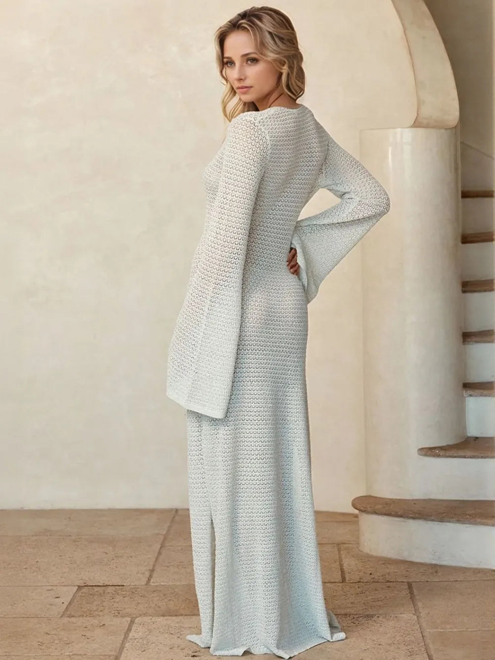 Slit Plunge Flare Sleeve Cover-Up Dress - Byyde