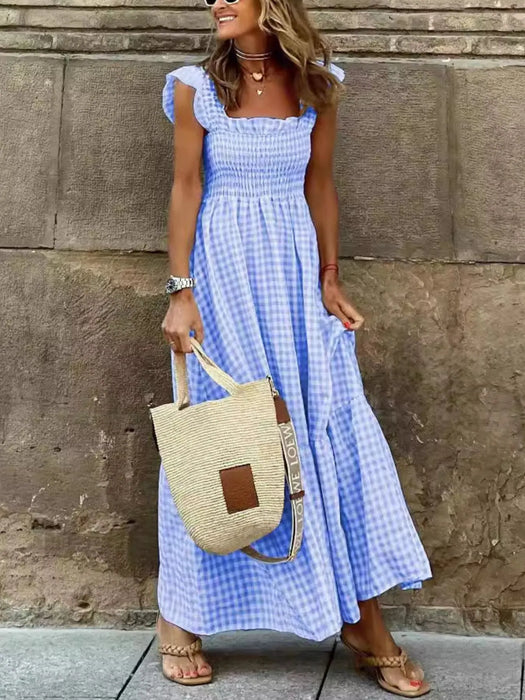 Smocked Gingham Maxi Dress with Ruffle Straps - Byyde
