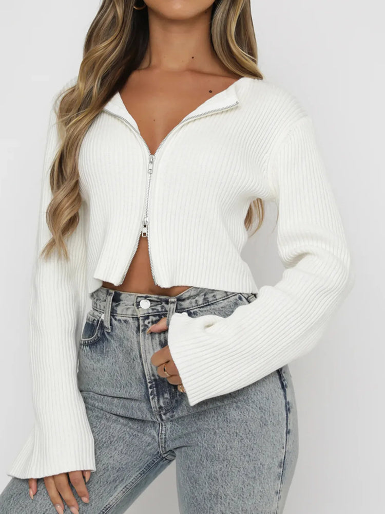 Ribbed Zip-Up Cropped Cardigan - Byyde