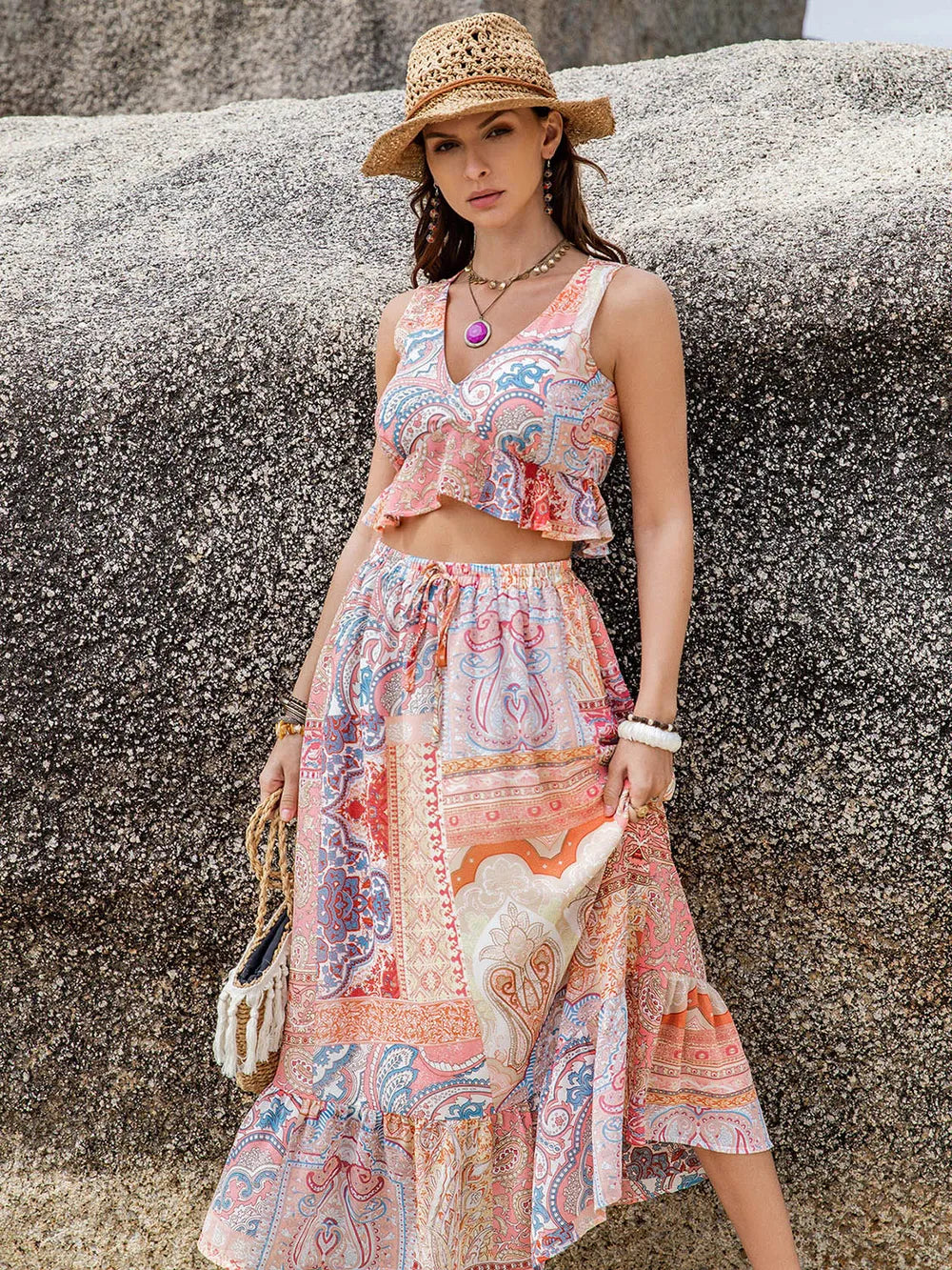 Printed V-Neck Top and Midi Skirt Set - Byyde