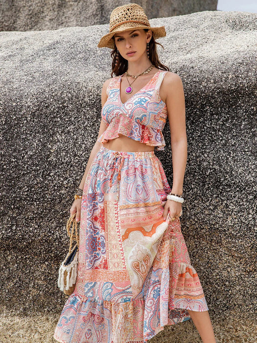 Printed V-Neck Top and Midi Skirt Set - Byyde