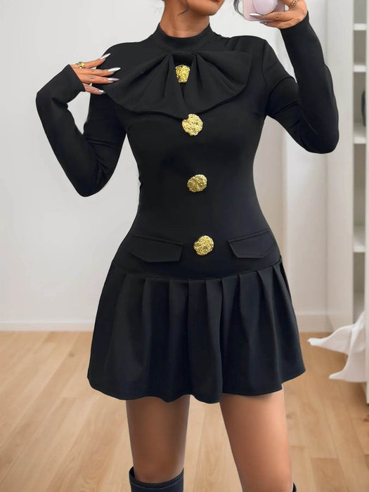 Decorative Button Mock Neck Long Sleeve Mini Dress - Byyde