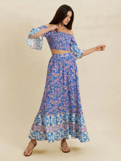 Smocked Off-Shoulder Printed Top and Skirt Set - Byyde