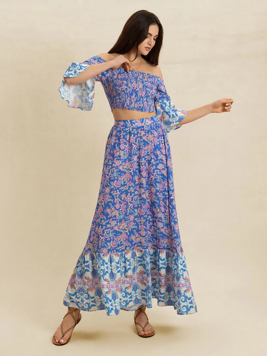 Smocked Off-Shoulder Printed Top and Skirt Set - Byyde