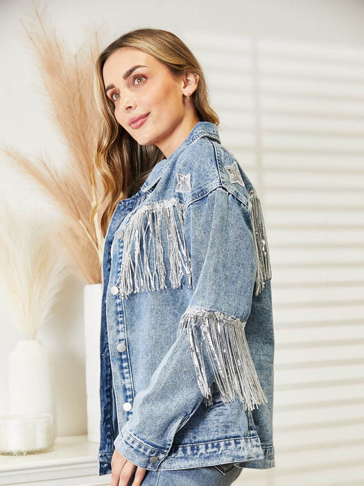 Fringe Detail Long Sleeve Denim Jacket - Byyde