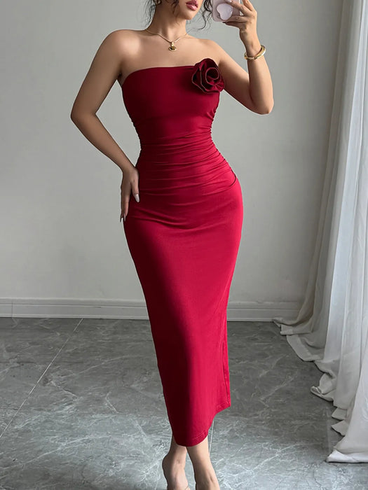 Slit Back Flower Tube Midi Dress - Byyde