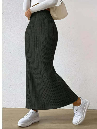 High Waist Ribbed Knit Maxi Skirt - Byyde