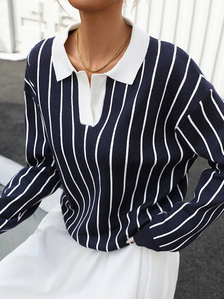 Stripe Contrast Collar Long Sleeve Knit Top - Byyde