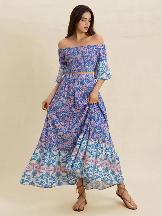 Smocked Off-Shoulder Printed Top and Skirt Set - Byyde