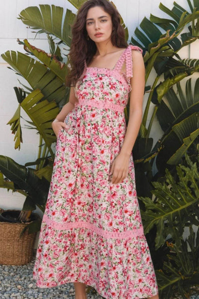 Floral Lace Tied Strap Square Neck Dress with Pockets - Byyde