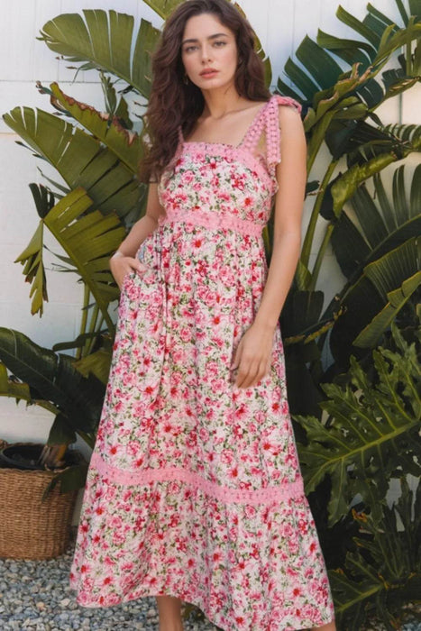 Floral Lace Tied Strap Square Neck Dress with Pockets - Byyde