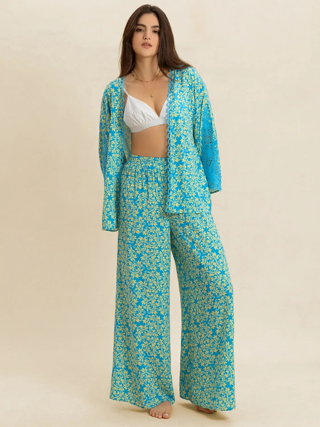 Open Front Printed Top and Pants Set - Byyde