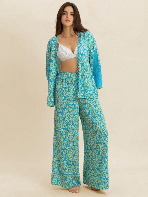 Open Front Printed Top and Pants Set - Byyde