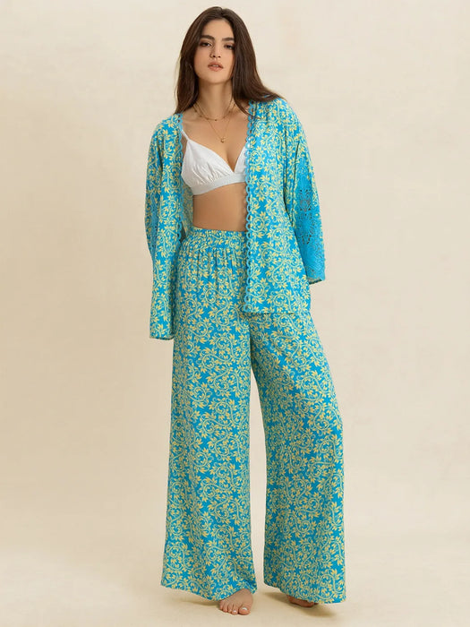 Open Front Printed Top and Pants Set - Byyde