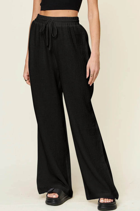 Double Take Full Size Texture Drawstring Wide Leg Pants - Byyde