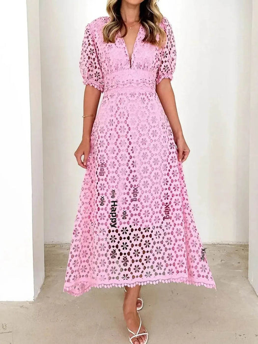 Eyelet Lace V-Neck Midi Dress with Puff Sleeves - Byyde