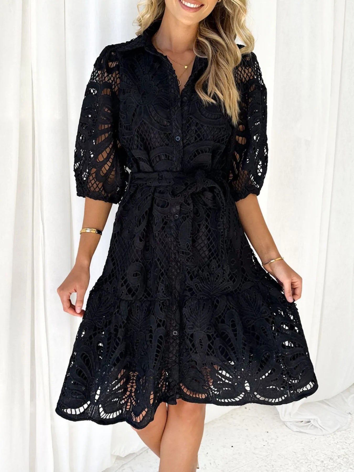 Lace Tie Waist Half Sleeve Dress - Byyde