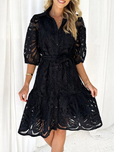 Lace Tie Waist Half Sleeve Dress - Byyde