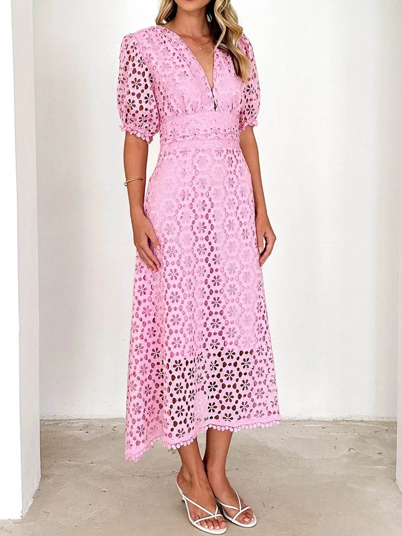 Eyelet Lace V-Neck Midi Dress with Puff Sleeves - Byyde
