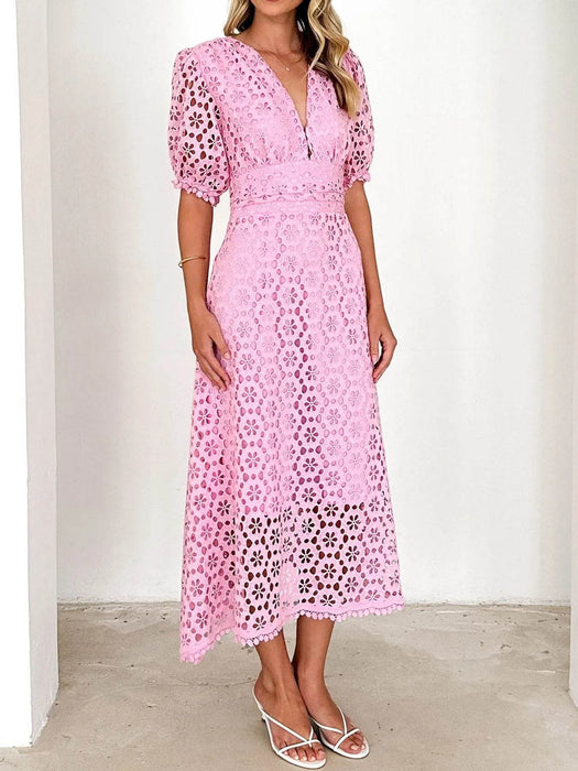 Eyelet Lace V-Neck Midi Dress with Puff Sleeves - Byyde