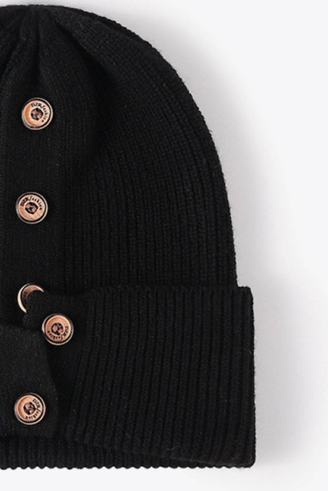 Button Detail Rib-Knit Cuff Beanie - Byyde
