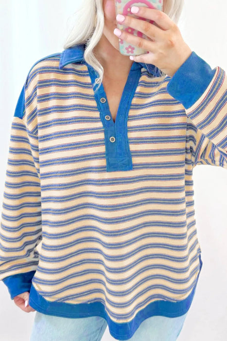 Striped Johnny Collar Long Sleeve Sweatshirt - Byyde
