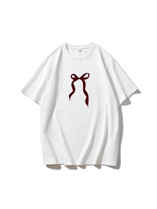 Plus Size Bow Round Neck Short Sleeve T-Shirt - Byyde