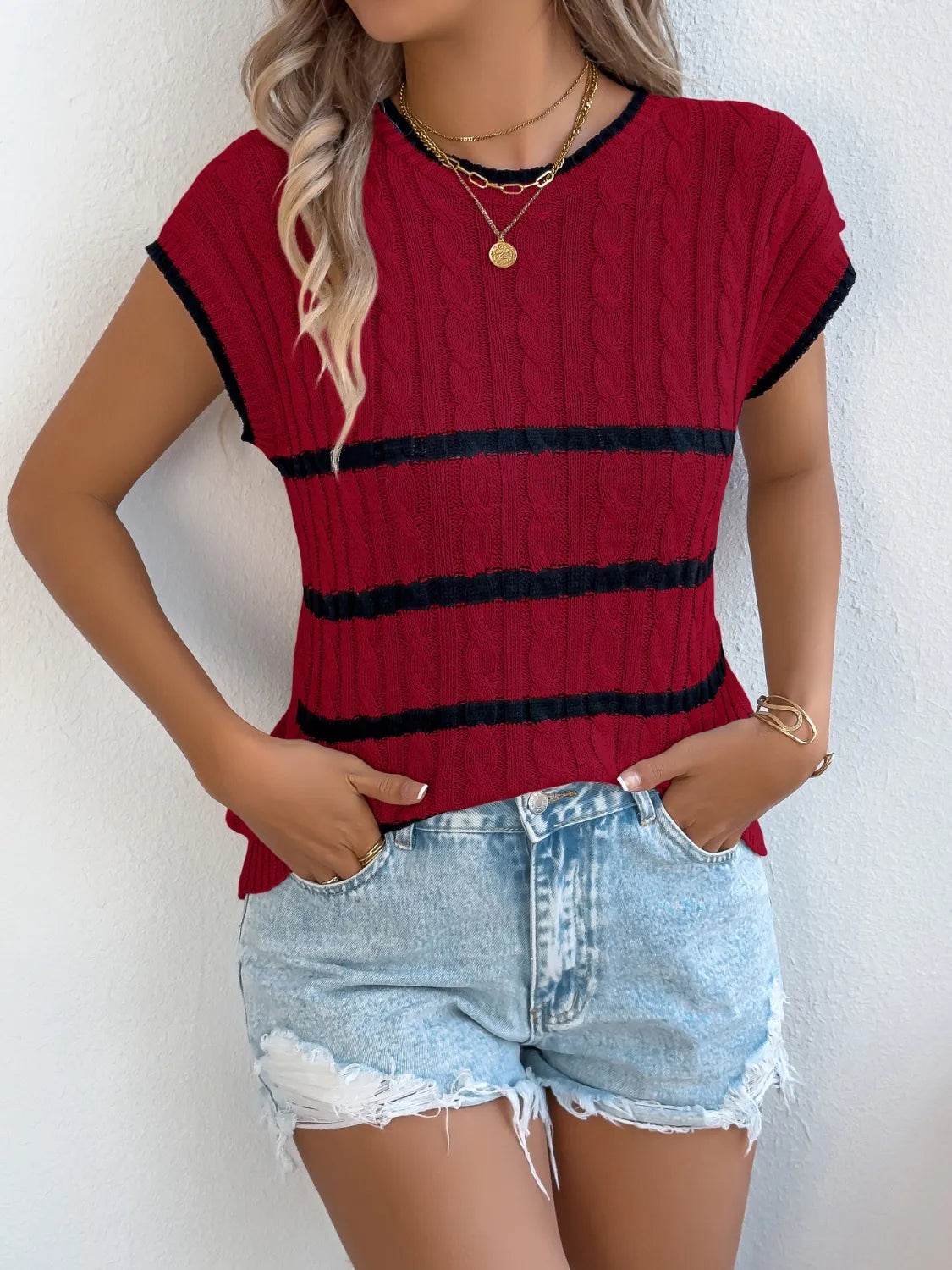 Cable-Knit Striped Round Neck Knit Top - Byyde