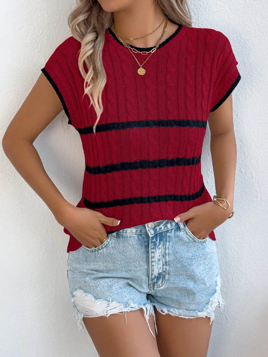 Cable-Knit Striped Round Neck Knit Top - Byyde