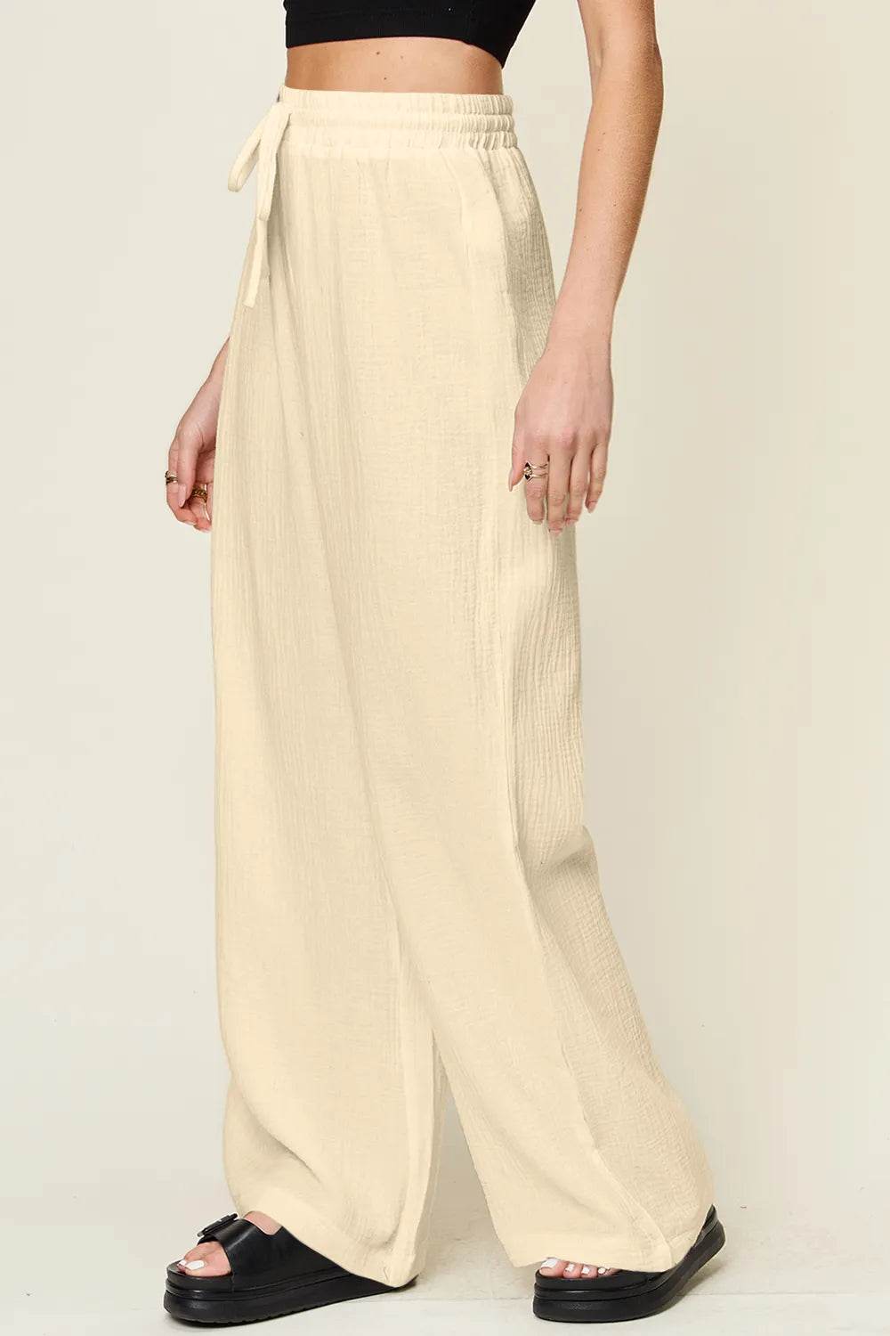 Double Take Full Size Texture Drawstring Wide Leg Pants - Byyde
