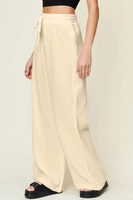 Double Take Full Size Texture Drawstring Wide Leg Pants - Byyde