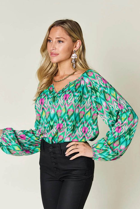 Double Take Full Size Printed Balloon Sleeve Blouse - Byyde