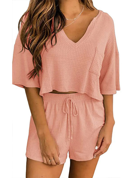 Waffle Knit Top and Shorts Lounge Set - Byyde