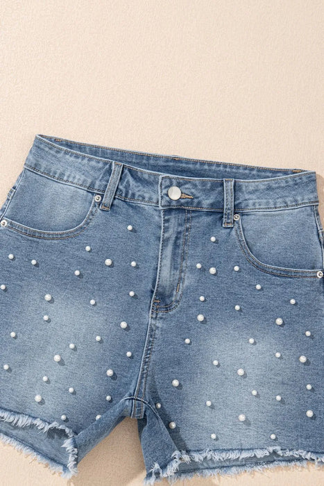 Pearl Beaded Raw Hem Wash Denim Shorts - Byyde
