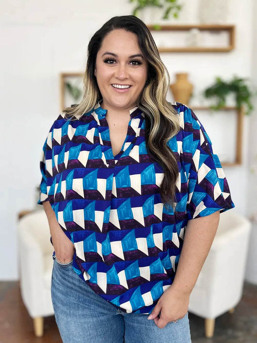 Double Take Full Size Geometric Notched Half Sleeve Blouse - Byyde