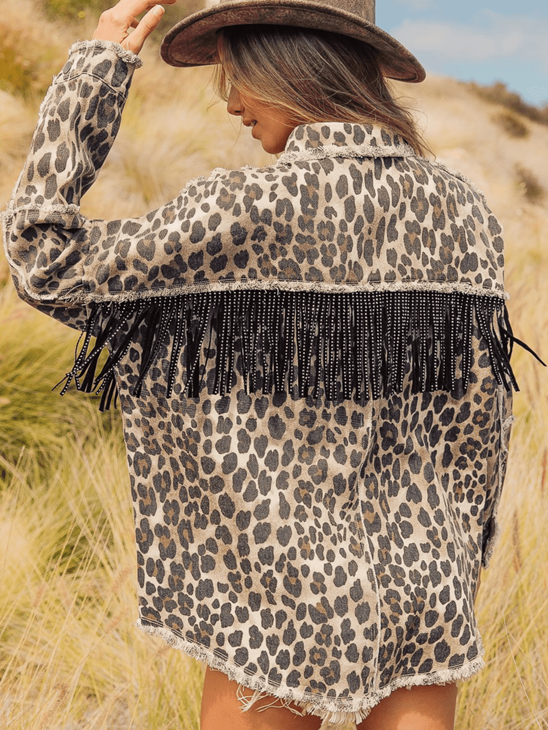 Leopard Fringe Detail Collared Neck Denim Jacket - Byyde