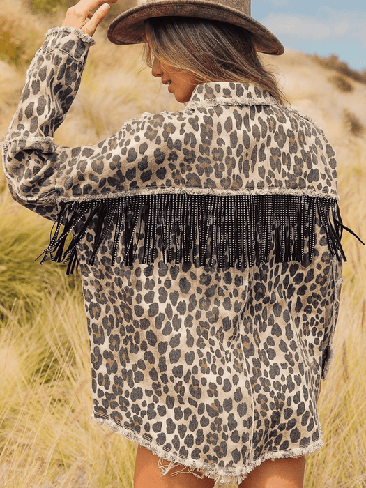 Leopard Fringe Detail Collared Neck Denim Jacket - Byyde