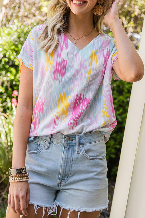 High-Low V-Neck Short Sleeve Blouse - Byyde
