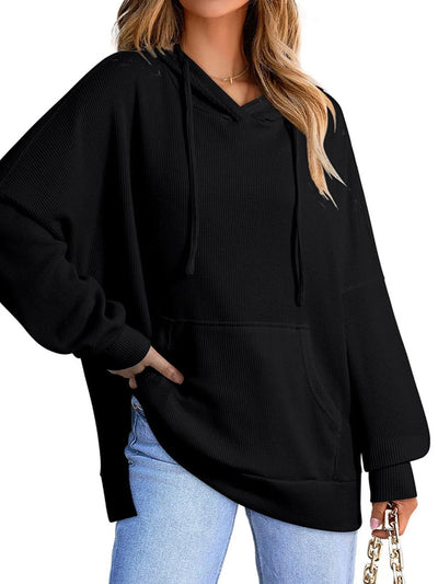 Slit Drawstring Waffle Knit Hoodie - Byyde