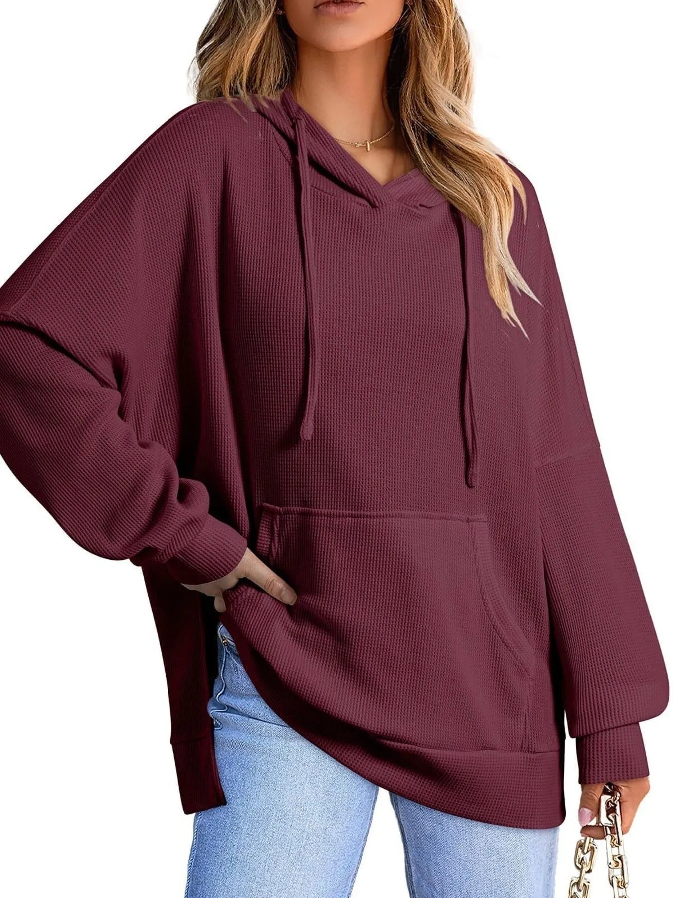 Slit Drawstring Waffle Knit Hoodie - Byyde