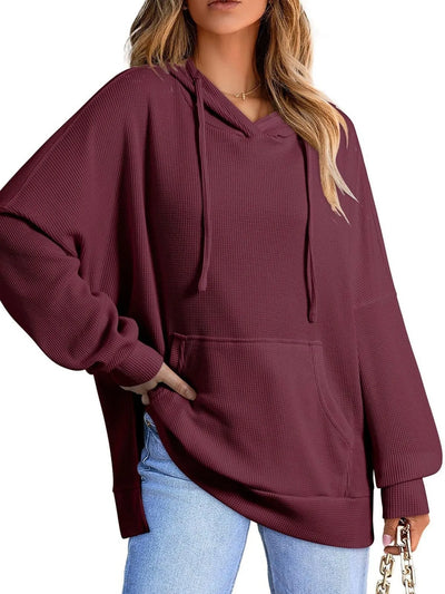 Slit Drawstring Waffle Knit Hoodie - Byyde