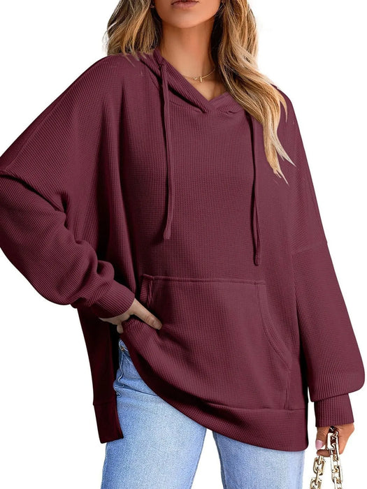 Slit Drawstring Waffle Knit Hoodie - Byyde